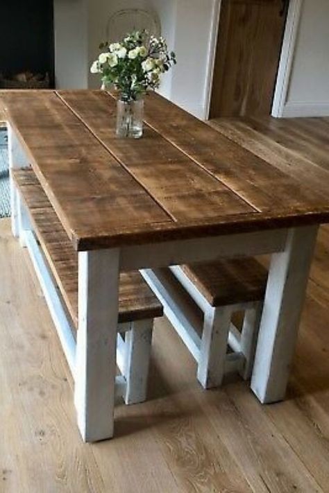 Farmhouse Table Bench, Diy Cozinha, Diy Esstisch, Farmhouse Table With Bench, Rustic Kitchen Tables, Wooden Kitchen Table, Diy Dining Room Table, Diy Kitchen Table, Rustic Farmhouse Table