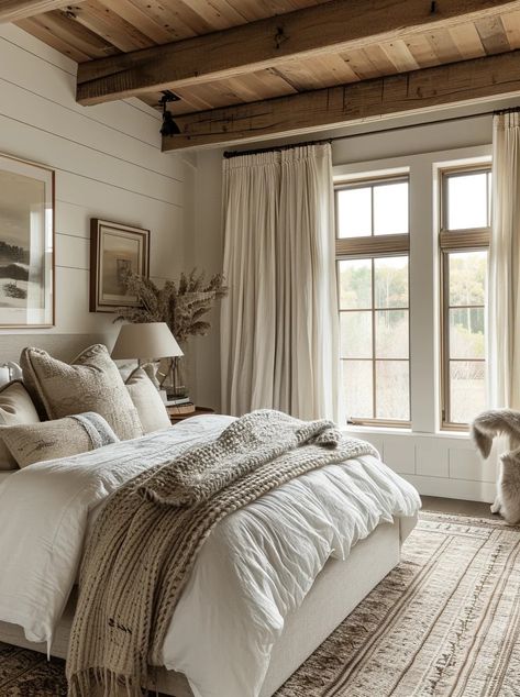 42 Cozy Farmhouse Bedroom Designs + Secrets Which Make This Design Style Timeless Bedroom Idea Farmhouse, Master Bedrooms Apartment, French Farmhouse Style Bedroom, Cottage Interior Design Bedroom, Neutral Cottage Bedroom, Master Bedrooms Bedding Ideas, Cozy Bedroom Master, Farmhouse Room Ideas, Wooden Bedroom Ideas