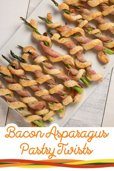 Easy side dish or appetizer made with puff pastry from the frozen section. Dress up asparagus and make a new family favorite. Puff Pastry Asparagus Proscuitto, Bacon Wrapped Asparagus Puff Pastry, Asparagus Pastry, Puff Pastry Bacon, Asparagus Appetizer, Pastry Twists, Bacon Asparagus, Prosciutto Asparagus, Spring Breakfast