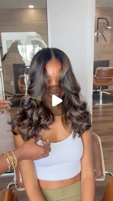 Blowout Hair With Highlights, Dark Skin Highlights Hair, Silk Press With Highlights, Highlights Silk Press, Natural Hair Silk Press Medium Length, Curly Silk Press, Straight Hair With Curls, Silk Press With Body Curls, Silk Press With Curls