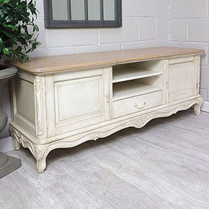 This French Style Ivory Sideboard TV Unit Parquet Top consists of mahogany carvings. Made in Indonesia French Furniture Bedroom, French Painted Furniture, Sideboard Tv, Shabby Chic Bedroom Furniture, Mirrored Bedroom Furniture, Low Sideboard, Provincial Furniture, Dressing Table With Chair, French Style Homes