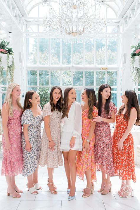 Floral Theme Dress Code, Floral Bridal Shower Outfit, Floral Bridal Shower Theme Outfits, Love Is In Bloom Bachelorette, Garden Party Bridal Shower Dress, Bridal Shower Group Photo, Garden Bridal Shower Outfit, Spring Bridal Shower Outfit For Bride, Floral Bachelorette Party Outfits