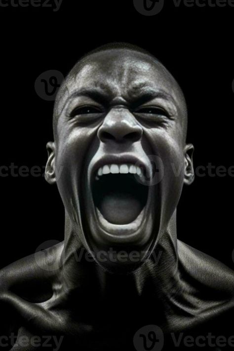 Feeling so angry Portrait of furious young African man looking at camera and shouting while being in front of black background, Generative AI Angry Man Reference, Angry Portrait, Angry Man, Expressions Photography, Angry Face, Architecture Design Sketch, Face Men, African Men, Black Man