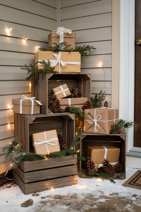 25 Front Porch Christmas Decor Ideas Wooden Christmas Presents Front Porches, Christmas Decor With Crates, Present Stacking Ideas, Farmhouse Display Ideas, Christmas Welcome Signs Front Porches, Christmas Porch Decorating Ideas Rustic, Crate Christmas Decor, Transplant Party, Wooden Crates Christmas