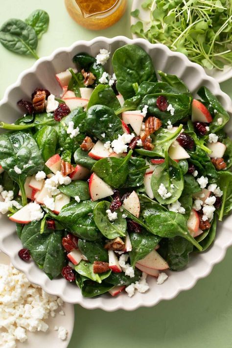 Apple Spinach Salad with Candied Pecans and Feta Apple And Lettuce Salad, Apple Feta Spinach Salad, Spinach Based Salad, Candied Pecans Salad, Spinach Salad Recipes Dressing, Spinach Pecan Salad, Salads With Apples, Apple Feta Salad, Salad With Walnuts And Feta