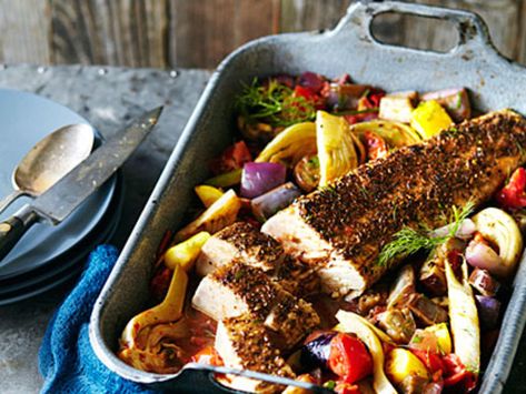 Tuna Roast with Ratatouille | A whole meaty tuna loin can be roasted the same way as a hunk of beef. If your loins are small--3/4 lb. or less each--you can tie them together to create a plumper-looking roast: With the widest sides together, tie at 2-in. intervals with kitchen twine. Take the tuna out of the oven when it's still very rare--albacore keeps on cooking after it's pulled off the heat, and if it's overcooked, it's dry. Albacore Tuna Recipes, Tuna Loin, Recipes Tuna, Ratatouille Recipe, Seared Tuna, Albacore Tuna, Tuna Recipes, Fish Food, Dinner Idea