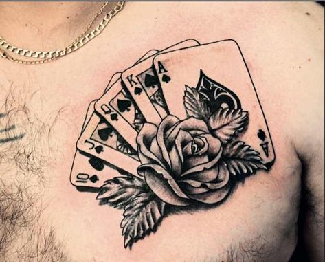 Royal Flush with Rose black and gray tattoo Gambler Tattoo, Playing Cards Tattoo, Tato Jam, Leo Dias, Poker Tattoo, Playing Card Tattoos, Cards Tattoo, Tato Dada, Sailor Tattoo