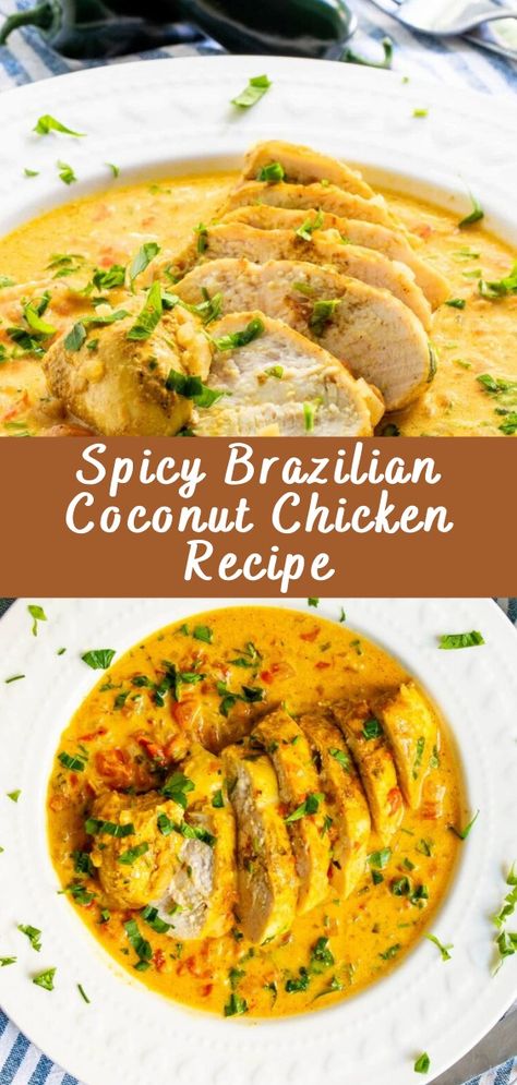 Spicy Brazilian Coconut Chicken Recipe | Cheff Recipes Spicy Brazilian Coconut Chicken, Spicy Coconut Sauce, Brazilian Soup Recipes, South American Chicken Recipes, New Unique Recipes, Cooks Country Recipes Chicken, Chicken New Recipes, Coconut Sauce Chicken, H Mart Recipes