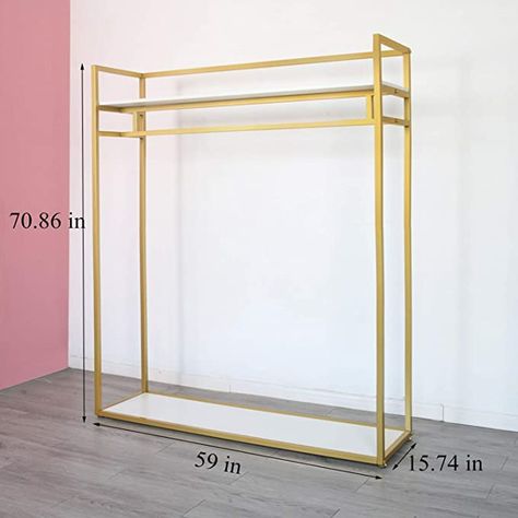 Gold Garment Rack, Gold Clothing Rack Bedroom, Boutique Set Up Ideas Spaces, Small Boutique Decor, Home Boutique Ideas, White Clothes Rack, Ikea Clothes Rack, Gold Clothing Rack, Small Walkin Closet