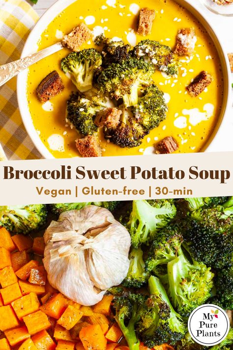 Veggies In The Oven, Broccoli Sweet Potato, Sweet Potato Soup Vegan, Broccoli Potato Soup, Sweet Potato Soup Recipes, Weekend Lunch, Broccoli Soup Recipes, Sweet Potato Kale, Creamy Broccoli