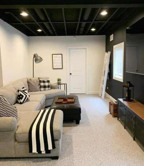 Low Basement Ceiling Ideas, Low Basement Ceiling, Low Basement, Exposed Basement Ceiling, Low Ceiling Basement, Basement Ceiling Ideas, Basement Decoration, Small Basement Remodel, Basement Lighting