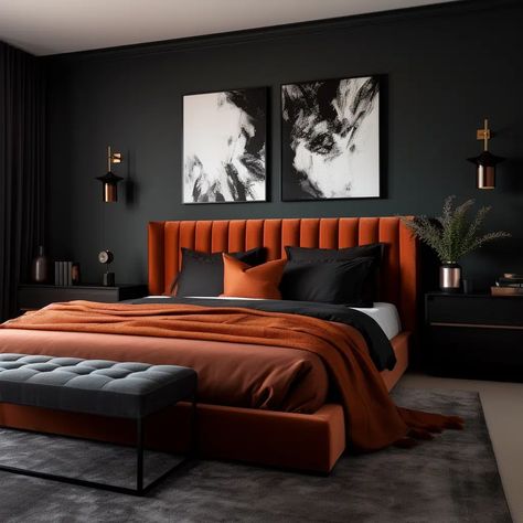 20 Black And Rust Bedroom Ideas - HearthandPetals Copper Bedroom, Vibe Bedroom, Simple Bed Designs, Bed Interior, Fall Bedroom Decor, Colorful Interior Design, Bunk Bed Designs, Bedroom Orange, Bed Design Modern