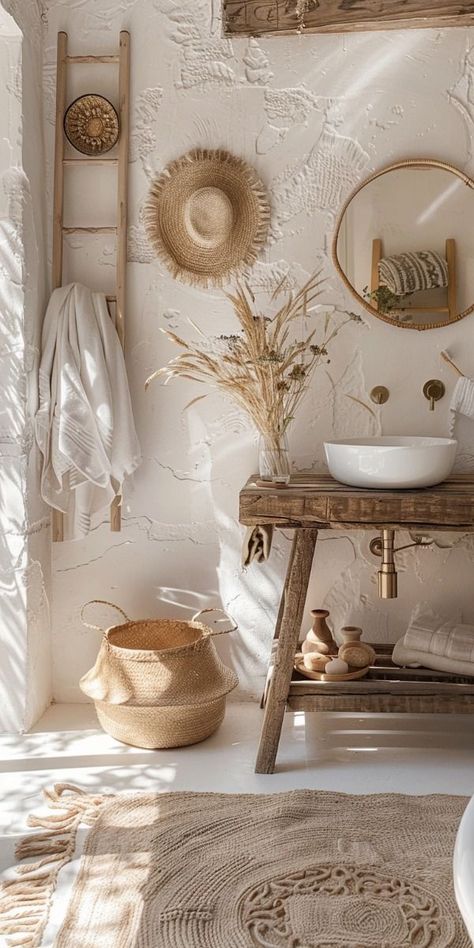 ⏳Timeless Trends: 28 Boho Bathroom Ideas That Last⏳ Ibiza Bathroom Ideas, Tulum Inspired Bathroom, Mediterranean Bathroom Design Ideas, Bathroom Ideas Boho, Bathroom Decor Bohemian, Bohemian Bathroom Ideas, Boho Bathrooms, Boho Style Bathroom, Boho Style Interior