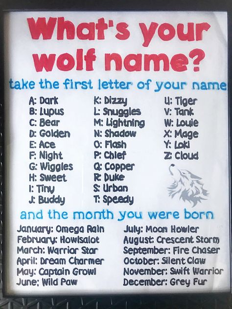 What’s your wolf name? The kids had fun finding out their names! Whats Your Wolf Name, Wolf Themed Birthday Party Food Ideas, Therian Birthday Party, Wolf Party Decorations, Wolf Party Ideas For Kids, Wolf Party Ideas, What’s Your Name, Your Wolf Name, Wolf Birthday Party Ideas