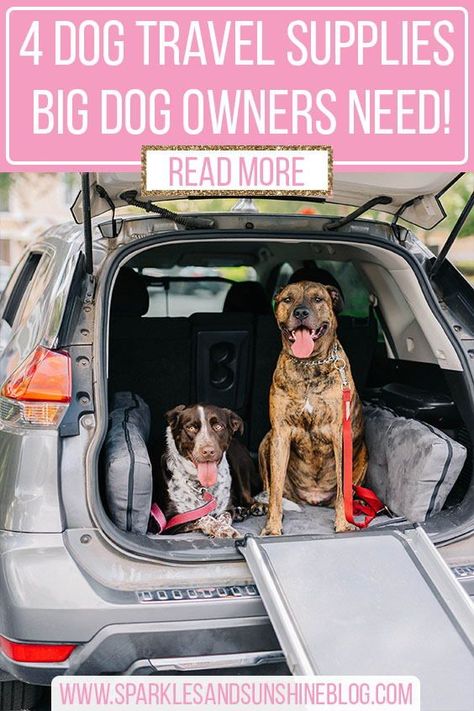 Who loves traveling with their dogs? My hand is raised! Since I travel with two large dogs, my dog travel supplies look a bit different! Four of my go-to dog travel essentials are a dog ramp for big dogs, a durable dog car seat cover, an SUV dog bed and a dog car barrier! Learn more about all four of these dog travel essentials for cars and see if you need one for your next dog friendly travel destination on my dog mom blog, Sparklesandsunshineblog.com! Dog Travel Essentials, Dog Car Barrier, Dog Car Travel, Dog Travel Bed, Road Trip With Dog, Dog Car Safety, Dog Travel Accessories, Dog Barrier, Dog Car Accessories