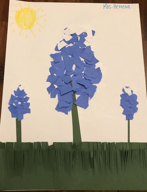 Tear paper art - bluebonnet craft - kids craft - 4th grade - Texas - created by Lorena Herrera Bluebonnet Art Project For Kids, Bluebonnet Craft For Kids, Bluebonnet Craft Preschool, Texas Crafts For Kids, Disney Enrichment, Paper Tearing Art For Kids, Tear Paper Art, Bluebonnet Craft, Montessori Decor