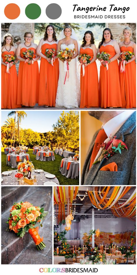 Tangerine Wedding Colors, Orange And Yellow Wedding Theme, Orange Wedding Theme, Yellow Flower Bouquet, Tangerine Bridesmaid Dresses, Tangerine Wedding, Orange Wedding Themes, Yellow Wedding Theme, White Bridal Gown