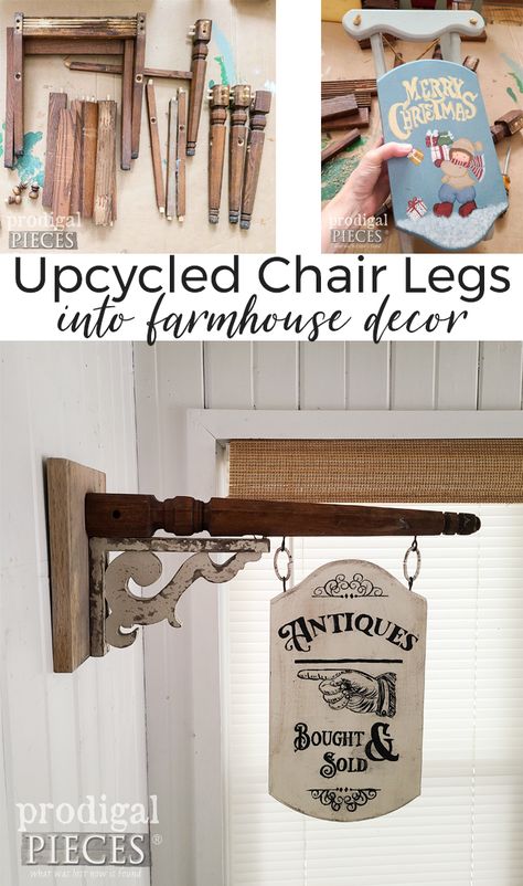 Repurposing Old Chairs, Crafts For Flea Markets, Repurposed Chairs Diy, Accent Table Color Ideas, Old Chair Decor Ideas, Repurposed Table Legs Ideas Upcycle, Chair Legs Repurposed, Recycled Decor Diy, Diy Architectural Salvage