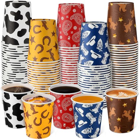 PRICES MAY VARY. Packing Information: you will receive 200 pieces of western cowboy party disposable paper cups in 5 different styles with their characteristics, 40 of each style; They reflect the western cowboy theme, making sure you have enough paper cups for your western or cowboy party guests use Cup Capacity: these cow party paper cups can hold about 9 oz / 250 ml beverages; They are suitable for serving drinks, such as juice, coffee, wine, hot chocolate, etc. at cowboy parties or other gat Western Cowboy Party, Cowboy Home, Cowboy Party Decorations, Country Western Parties, Country Birthday Party, Cowboy Themed Birthday Party, Rodeo Birthday Parties, Cowboy Theme Party, Coffee Paper