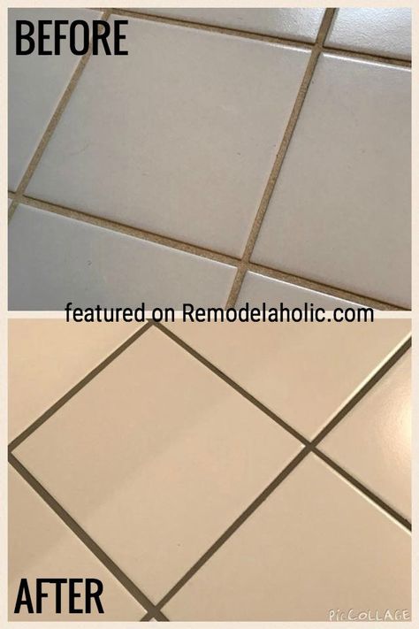 Delorean Gray Grout Dye Before And After Featured On Remodelaholic.com Grout Dye Before And After, Delorean Gray Grout, Grout Renew, Diy Grout, Grout Paint, White Subway Tile Bathroom, Gray Grout, Floor Grout, Grey Bathroom Tiles