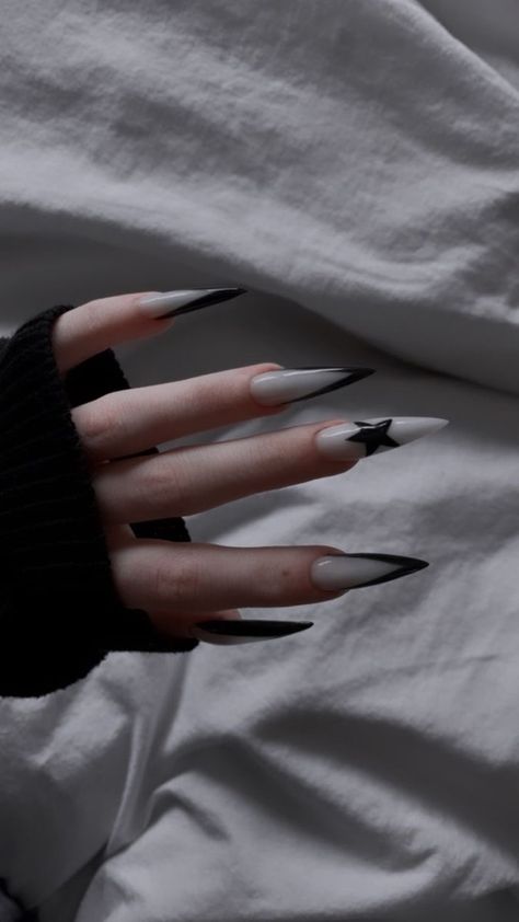 Gothic Acrylics, White Gothic Nails, Nails Acrylic Goth, Goth Acrylics, Edgy Nails Grunge, Goth Stiletto Nails, Black Stiletto Nails Design, Goth Nails Acrylic, Gothic Nail Designs