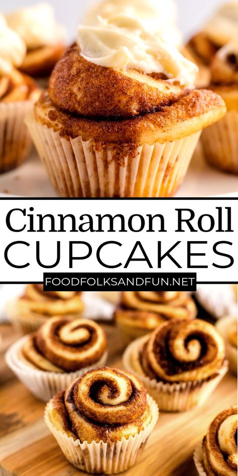 These Cinnamon Roll Cupcakes are perfect for breakfast, brunch, or even for birthday breakfasts! For more easy breakfast ideas follow Food Folks and Fun! Easy Breakfast Cupcakes, Dessert Ideas For Work Party, Brunch Treat Table Ideas, Breakfast Themed Dessert, Easy Breakfast Party Ideas, Cinnamon Roll Display Party Ideas, Birthday Brunch Dessert Ideas, Bake Sale Breakfast Items, Brunch Cupcake Ideas