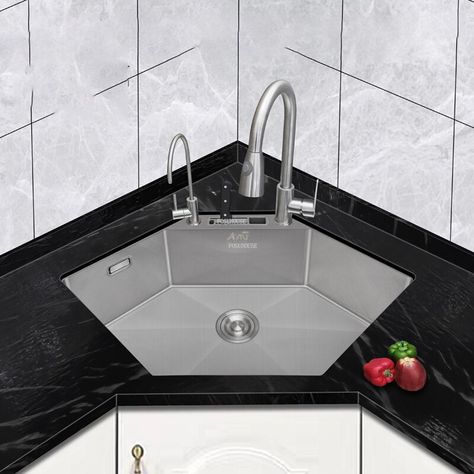 Creative Stainless Steel Kitchen Sinks Light Luxury Corner Washbasin Designer Kitchen Hexagonal Sink Under-counter Embedded Sink - Kitchen Sinks - AliExpress Kitchen Sink In Corner Without Windows, Corner Kitchen Sink Ideas Counter Space, Kitchen Washbasin Ideas, Corner Sinks Kitchen, Kitchen Design With Corner Sink, Corner Kitchen Sink Decor Ideas, Kitchen Sink In Corner, Kitchen Wash Basin Ideas, Corner Kitchen Sink Decor