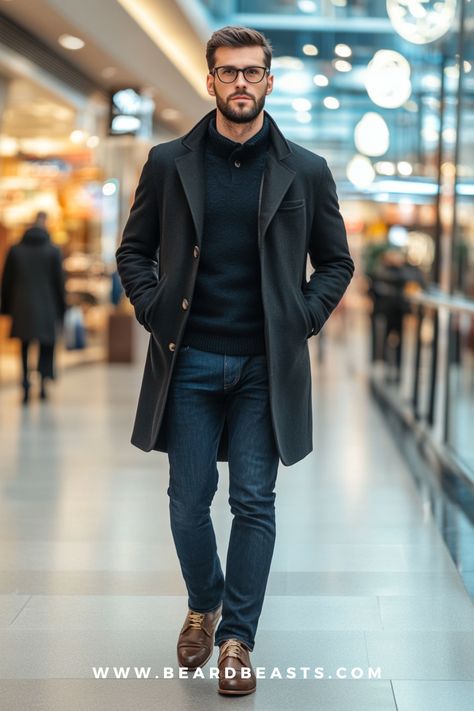 Looking stylish over 40 is all about choosing classic, versatile pieces that blend sophistication with comfort. This sleek look showcases a tailored dark coat paired with a cozy turtleneck sweater, slim-fit jeans, and polished leather shoes—perfect for casual or semi-formal winter outings. The neutral color palette ensures an elegant appearance while keeping it modern. Elevate your wardrobe with timeless staples like these for an effortlessly sharp look. Men’s Winter Business Fashion, Gentleman Winter Style, Winter Coat Outfits Men, Men Winter Formal Outfit, Handsome Men Outfits Casual, Outfit Semi Formal Hombre, Business Winter Outfits, Outfit Formal Hombre, Classic British Style Men