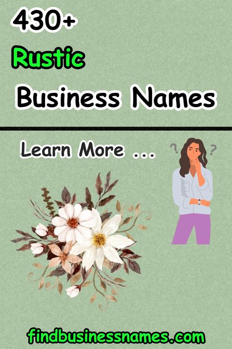 Explore unique Rustic Business Names for your charming brand. 

From cozy cafes to vintage boutiques, find the perfect name that captures your rustic vibe. 

Get inspired and stand out with our curated list of rustic business name ideas. 

#rusticbusinessnames Cozy Name Ideas, Western Store Names Ideas, Boutique Names Ideas, Rustic Salon, Store Names Ideas, Unique Business Names, Country Boutique, Business Name Ideas, Boutique Names