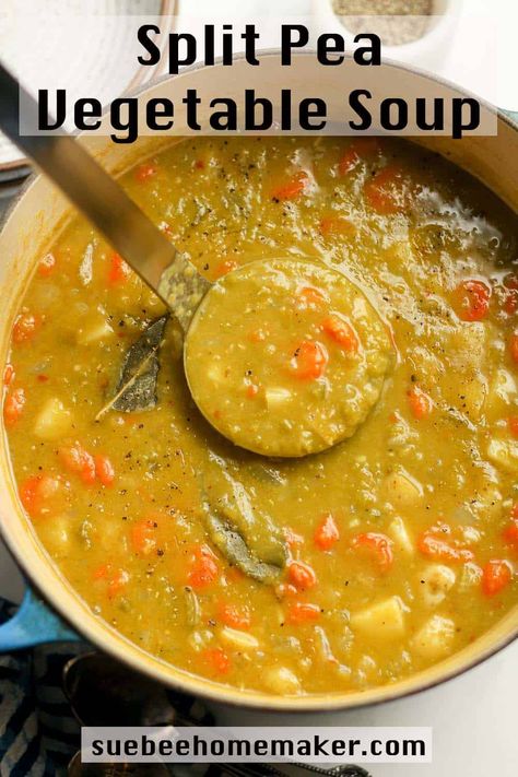 Use dried split peas, garlic, onion, carrots, celery, and yellow potatoes for a pot full of healthy benefits PLUS an amazing tasty Split Pea Vegetable Soup! Split Pea And Carrot Soup, Veggie Split Pea Soup, Split Pea Vegetable Soup, Carrot Celery Onion Potato Recipes, Healthy Pea Soup, Green Peas Soup Recipe, Lentil And Pea Soup, Yellow Pea Recipes, Dry Peas Recipes