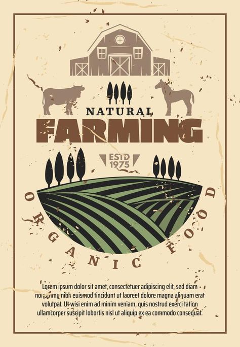 Organic farm agriculture retro poster Organic Farming Poster, Theme Green, Farmer Market, Vintage Template, Natural Farming, Technology Projects, Farm Food, Green Field, Horse Animal