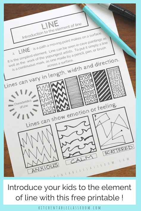 Line in art is an fun and easy place to start teaching art for kids.Teach the element of line & all the elements of art with this series of free printables. Line In Art, Element Of Line, Line Art Lesson, Elements Of Art Line, Line Art Projects, The Elements Of Art, Art Handouts, Types Of Lines, Art Theory