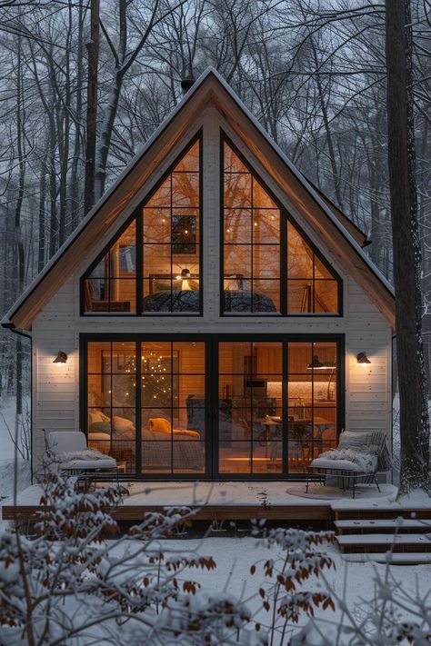 15 Adorable Tiny House Cabin Designs To Inspire You Modern Cabin Big Windows, Small House In The Woods Tiny Cabins, A Line Tiny House, A Frame Cabin Layout, Small Cabin Inspiration, Small Family House Design, Log Cabin Homes Modern, Cabin The Woods, Tiny Cabin House Plans