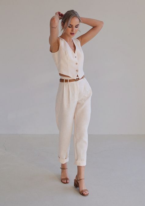 Linen vest Kelsey 3 Linen Sleeveless Top, Resort Casual, V Neck Crop Top, Linen Vest, Linen Tops, Linen Tank Top, Linen Tank, Vest Outfits, Neck Crop Top