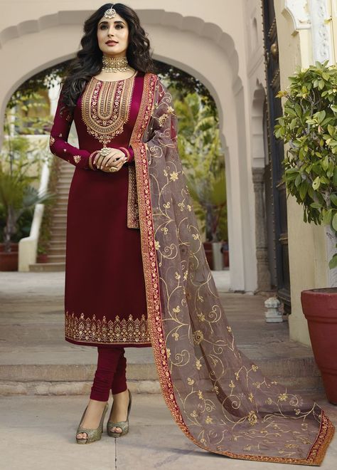 Buy Online Wonderful Maroon Party Wear Straight Cut Style Suit Embroidery Suits Punjabi, Salwar Suits Party Wear, Shadi Dresses, Woman Suit, Resham Work, Churidar Suits, Gaun Fashion, Salwar Kamiz, Designer Anarkali