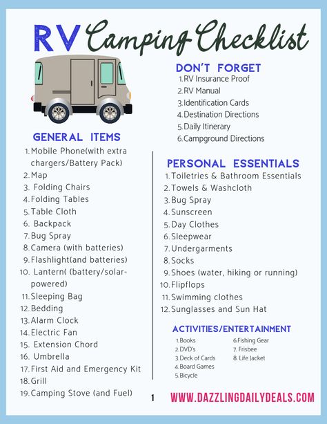 Camping Checklist Family Camper, Travel Trailer Packing List Rv Checklist, Camper List Rv Checklist, Motorhome Packing List, Camping In Camper, Rv Camping Packing List, Camper Checklist Packing Lists, Rv Packing Checklist, New Rv Checklist