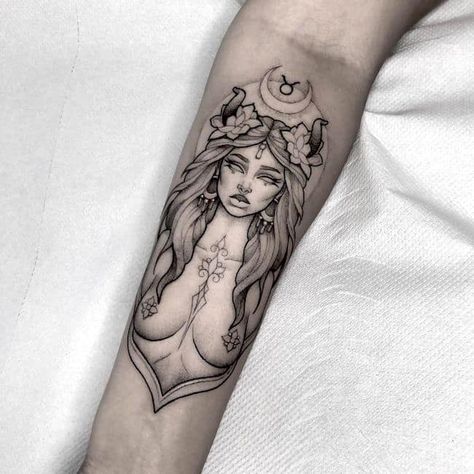 Taurus Pinup Tattoo, Astrology Goddess Tattoo, Taurus Tattoo Goddess, Bull Taurus Tattoo For Women, Earthy Taurus Tattoo, Goddess Of Earth Tattoo, Taurus Warrior Tattoo, Tarot Card Tattoo Taurus, Tattoos Of Goddesses