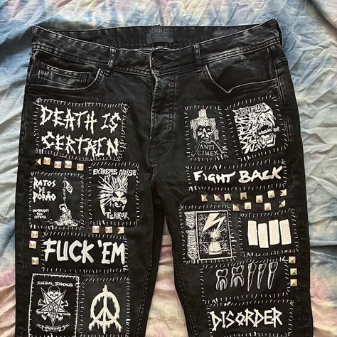 Silas on Instagram: "More custom jeans. Dm me or follow the link in my bio for requests and custom orders. ☠️⛓️☠️ #punk #crust #crustpunk #crusty #patchwork #patchedjeans #patch #patches #punkpatches #crustjeans #crustpants #handmade #diy #customjeansjacket #customjeans #mst #dbeat" How To Add Patches To Jeans, Patch Shorts Punk, Crust Patch Ideas, Patch Jeans Punk, Crust Punk Diy, Crust Jeans, Crust Pants Patch Ideas, Crust Shorts, Crust Patches