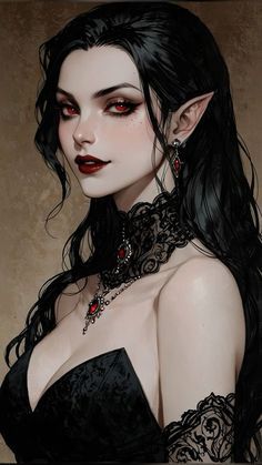 Undead Female Character Design, Eldritch Concept Art, Dnd Dhampir Female, Woman Vampire Art, Dnd Character Concept Ideas, Tiamat Human Form, Hot Witch Art, Vampire Character Inspiration, Victorian Vampire Character Design