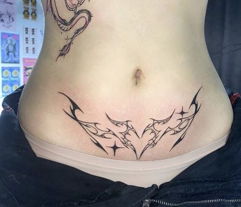 Womb Tattoo Aesthetic, Succubus Tattoo Womb, Tattoos Waist, V Line Tattoos, Womb Tattoo, Succubus Tattoo, Tato Naruto, Abdomen Tattoo, Tato Naga