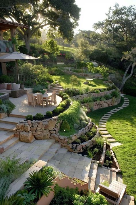 https://youtu.be/OeFdTD7Udmc Landscape Ideas For Slopes, Garden Exterior Design, Sloping Garden Ideas, Sloped Backyard Landscaping, Design Garden Ideas, Sloped Backyard, Garden Stairs, Sloped Garden, Landscaping With Large Rocks