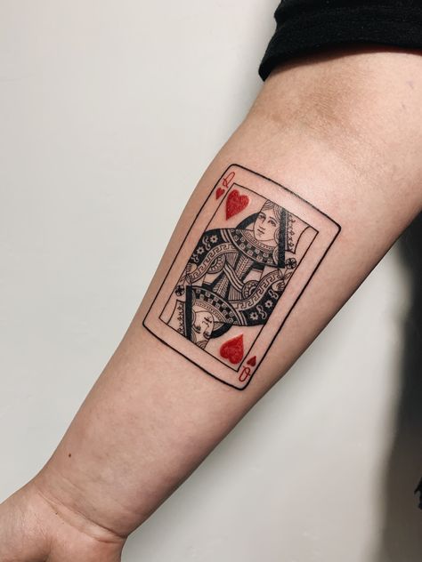 Queen And King Card Tattoo, Face Card Tattoo, Pack Of Cards Tattoo, Queen Card Tattoo For Women, Queen Of Hearts Tattoo Cards, Queen Playing Card Tattoo, Wild Card Tattoo, Queen Of Hearts Card Tattoo, Playing Cards Tattoo Design