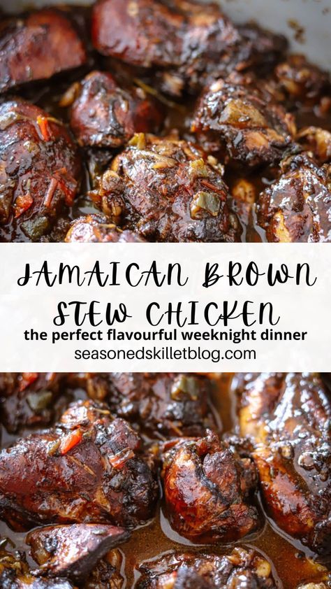 Brown Stew Chicken is a traditional flavourful Jamaican stew made with marinated chicken, aromatic spices, and vegetables that is braised down in one pot until tender, creating boast worthy island taste! This chicken recipe is one you’ll want to add in your weekly rotation of meals! Chicken Thigh Jamaican, Jerk Chicken Soup Crock Pot, Belize Stew Chicken Recipe, Chicken Thigh Recipes Jamaican, Bbq Chicken Stew, Chicken In A Pot Recipes, Carribean Brown Stew Chicken, Jamaican Jerk Chicken And Rice, Herbal Chicken Recipes