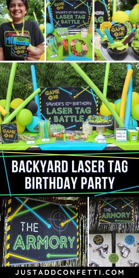 Laser Birthday Party Ideas, Laser Themed Party, Laser Party Ideas, Laser Tag Games, Neon Laser Tag Party, Lasertag Party Ideas, Laser Tag Party Food, Laser Tag Birthday Party Decorations, Laser Tag Obstacles Diy