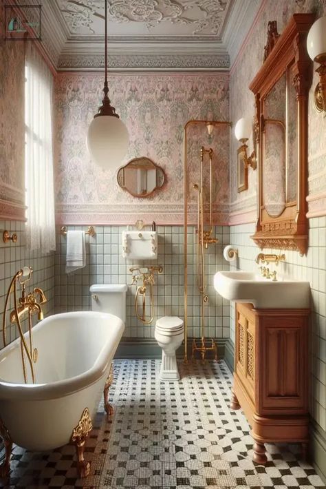 Bathroom Ideas Old Style, Retro Style Bathroom, Old Hollywood Glamour Bathroom, Bathroom Retro Vintage, Vintage Subway Tile Bathroom, Antique Tile Bathroom, Retro Style Home Decor, Bold Bathroom Design, Classic Tile Bathroom