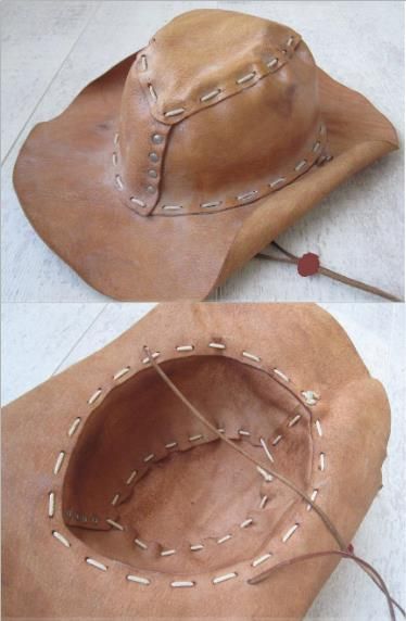 Diy Leather Hat, Leather Hat Pattern, Fair Crafts, Bandanas Diy, Southwest Pottery, Helmet Designs, Leather Belt Pouch, Leather Hat, Cap Patterns