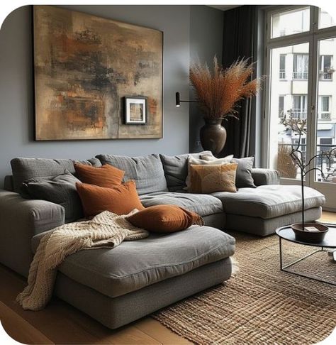 Living Room Inspiration With Grey Sectional, Dark Gray And Tan Living Room, Grey Couch Dark Wood Furniture, Industrial Living Room Grey Couch, Grey Couch Moody Living Room, Living Room Gray Floor Color Schemes, Accent Colors For Grey Living Room, Earth Tone Living Room With Gray Couch, Gray And Brown Living Room Ideas Cozy