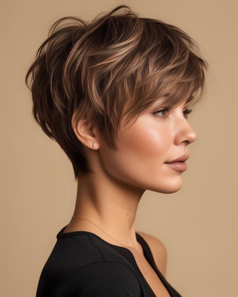 Rounded Pixie Haircut, Piecy Pixie Haircut, How To Style A Short Pixie, Pixel Haircut, Pixie Long On Top, Stacked Pixie Haircut, Pixie Bob Haircut For Thin Hair, Short Hairstyle Women 2024, Short Textured Pixie Cut