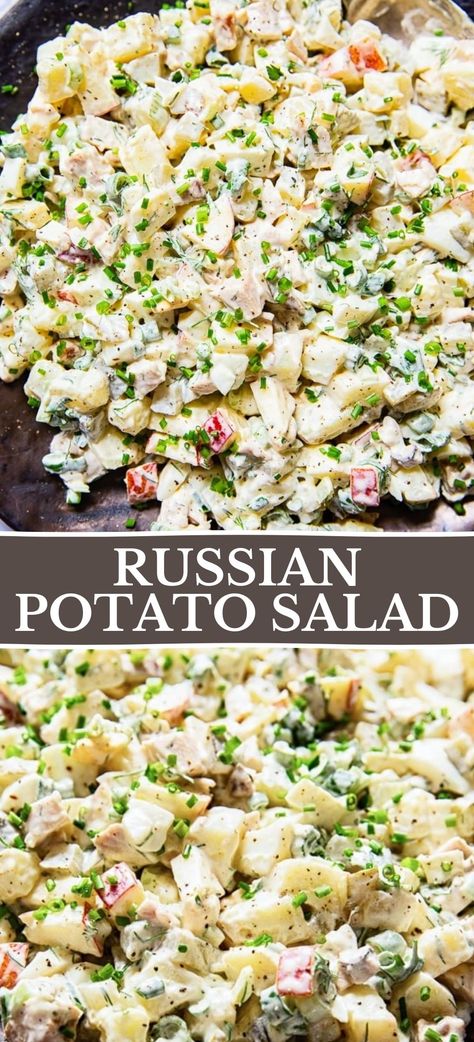 Hungarian Potato Salad, Olivie Salad Russia, Russian Recipes Vegetarian, Russian Potato Recipes, Russet Potato Salad Recipe, Russian Christmas Food, Chicken And Potato Salad, Vikalinka Recipes, Russian Salad Recipe