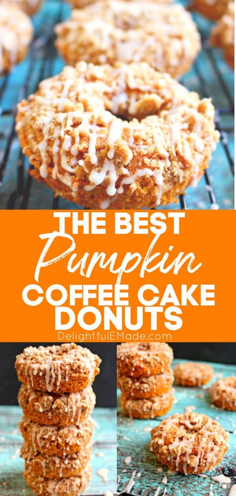 Pumpkin Coffee Cake Donuts - Delightful E Made Pumpkin Glazed Donuts With Crumb Topping, Coffee Cake Donuts Baked, Pumpkin Cake Donuts Baked, Pumpkin Donuts Baked Cake Mixes, Pumpkin Donuts Recipe Fried, Pumpkin Cake Donut Recipe, Homemade Pumpkin Coffee, Baked Pumpkin Donuts Recipe, Pumpkin Doughnut Recipe